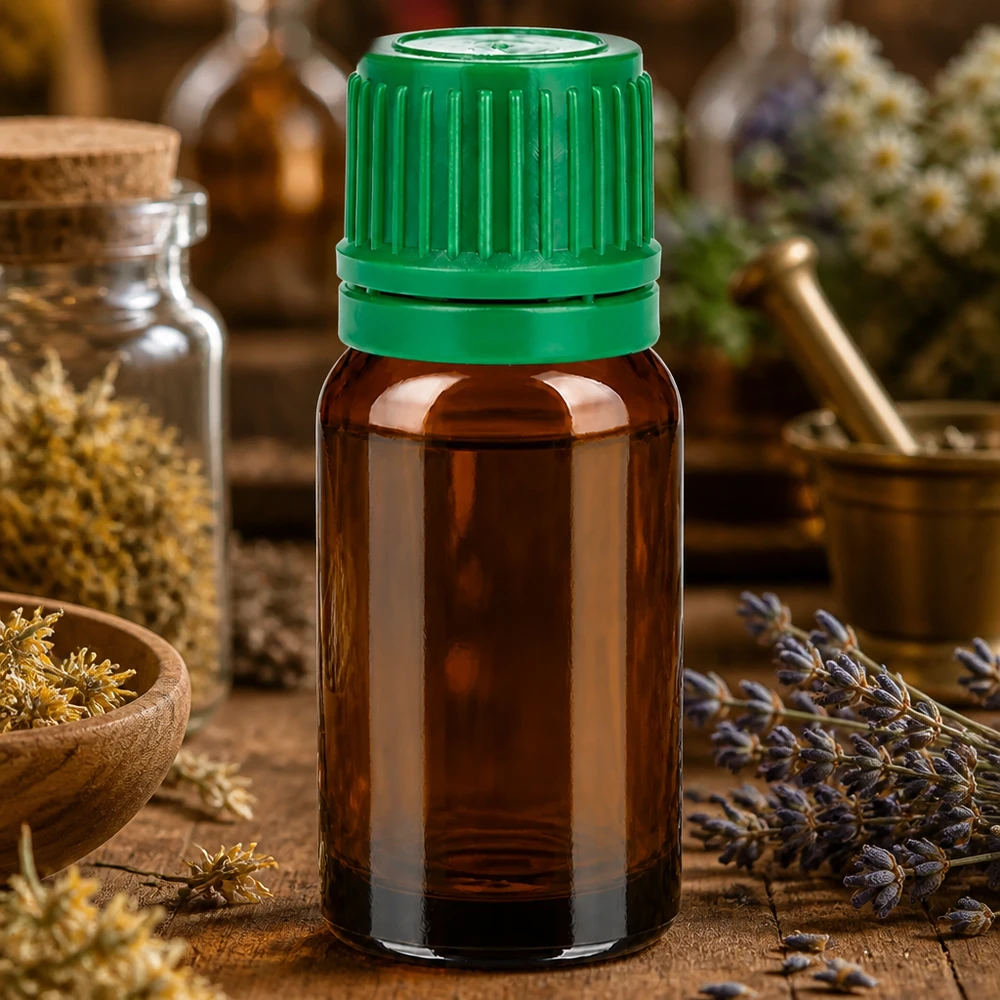 10 ml flaske 11 mm SV grøn OV BrownLine UT18/10 10 ml ravfarvet glasflaske med drypfri grøn hætte, ideel til urteekstrakter og tinkturer