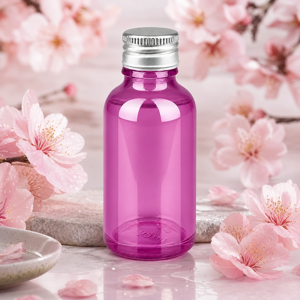 30 ml flaske 11 mm skruelåg aluminium-sølv standard PurpleLine.UT18/30 Elegant violet glasflaske 30 ml med mat sølvhætte til aromaterapi og wellness