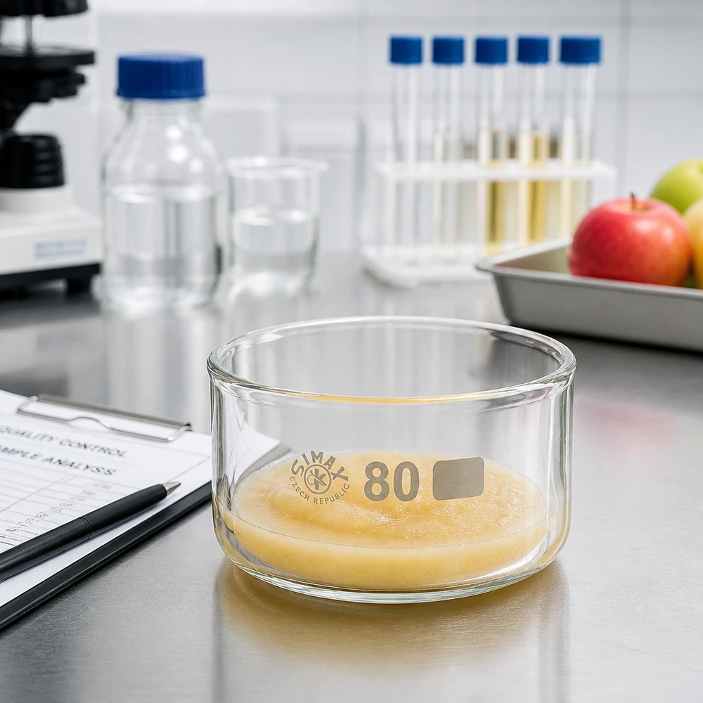 Krystalliseringsskål 150 ml uden tud borosilikat Krystalliseringsskål på 80 mm med en gullig prøve i fødevarelaboratoriet ved siden af æbler og reagensglas