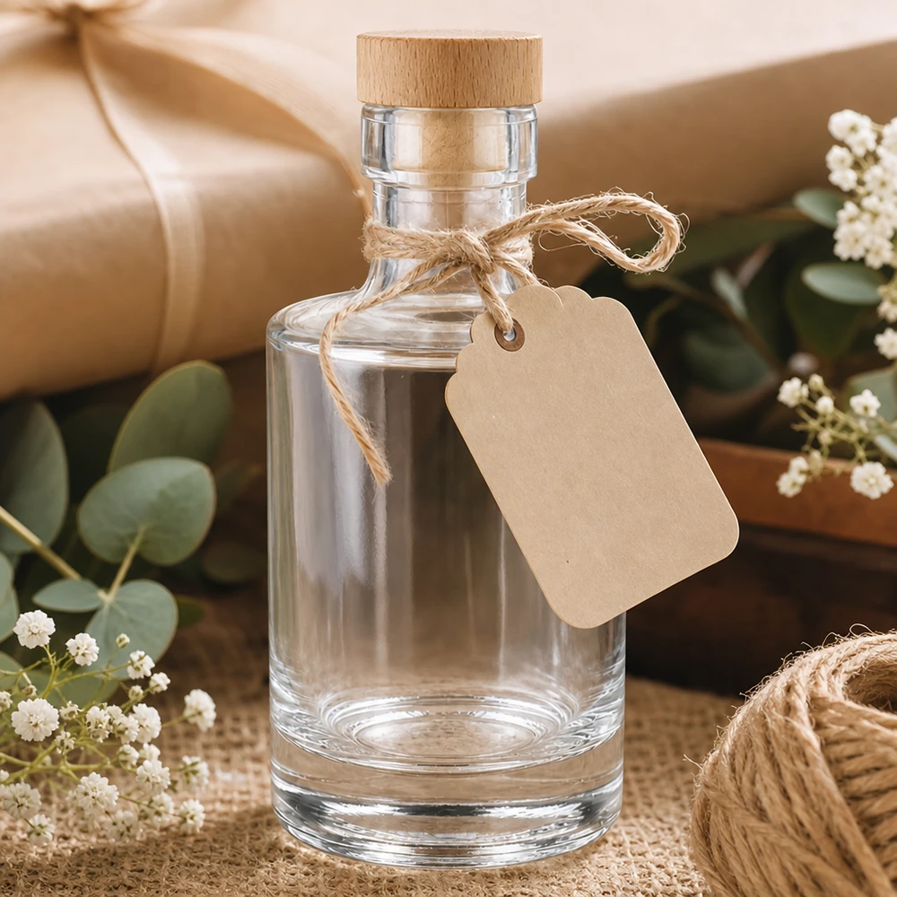 200 ml glasflaske Marie med træhåndtagskork UNiTWIST® 200 ml glasflaske Marie tom med træprop, kraftpapir-tag, gaveæske med eukalyptus og gypsophila