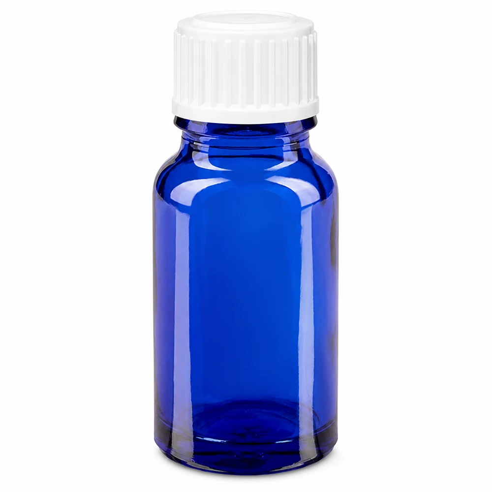 Apoteksflaske blå 10ml skruelåg hvid pc 10 ml blå apotekerflaske af glas med hvid skruelåg, 11 mm standard
