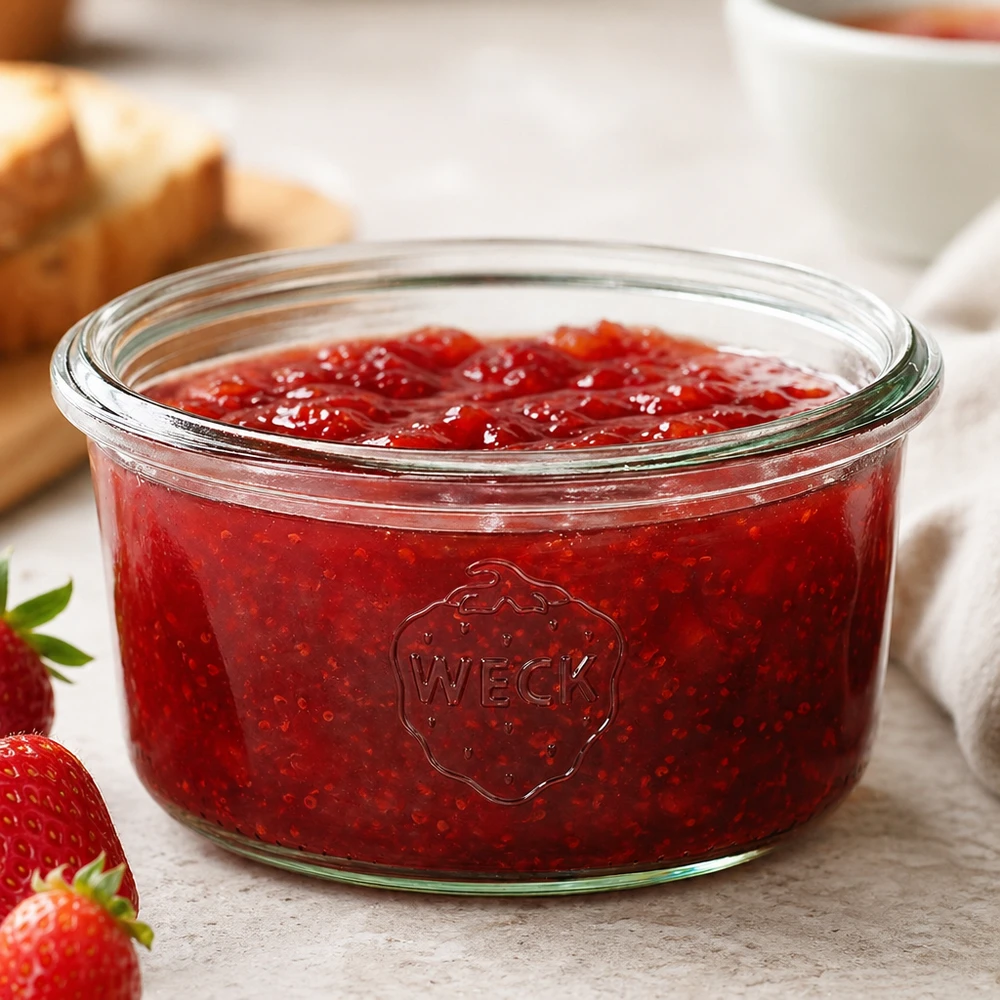 165 ml WECK RR80-glas med skrå kant 165 ml WECK RR80-krukke fyldt med rød jordbærmarmelade på et hvidt træbord ved siden af friske jordbær og brød.