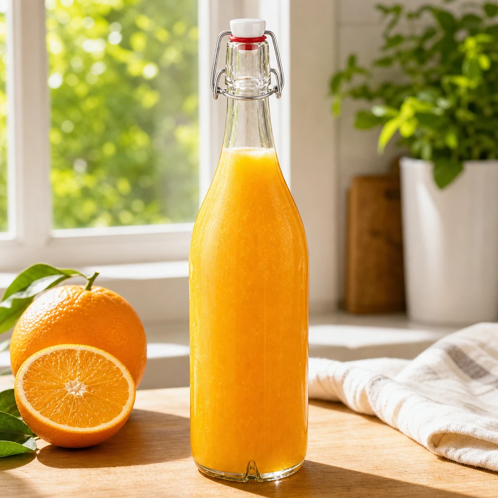 1000 ml glasflaske og hængelåg i PVC UNiTWIST 1000 ml glasflaske med PVC-svingtop fyldt med frisk appelsinjuice ved siden af appelsin i vindueskarm af træ