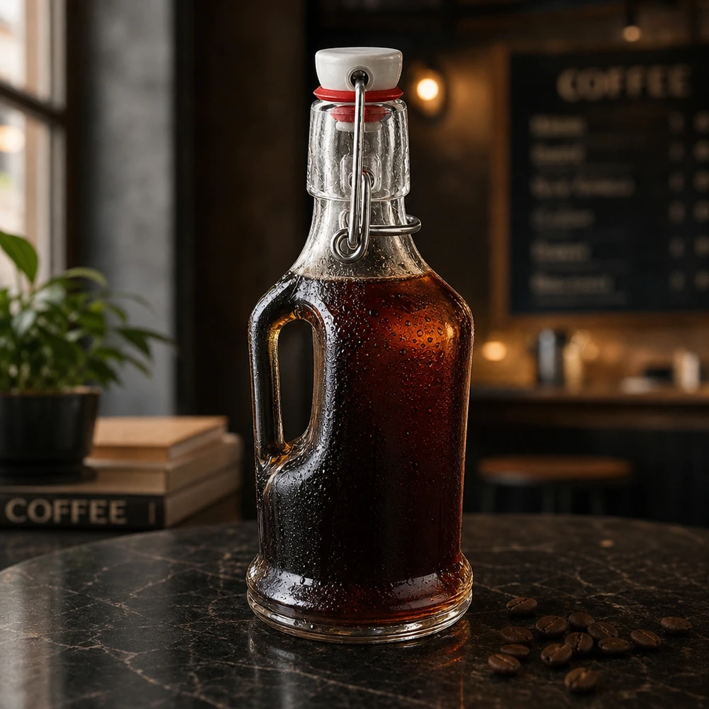 200 ml glasflaske »Bertha« og PVC-skruelåg UNiTWIST® 200ml Glasflasche Bertha mit dunklem Kaffee-Sirup befüllt, Bügelverschluss UNiTWIST, Coffeeshop-Atmosphäre