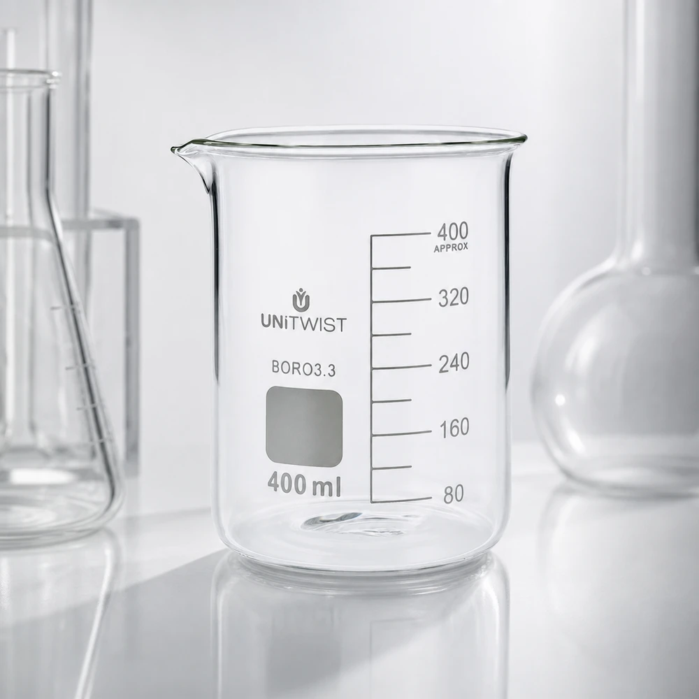 Bæger 400 ml borosilikat, lav form UNiTWIST Tomt UNiTWIST-bægerglas, 400 ml, borosilikat 3.3, lavt design med præcis ml-skala