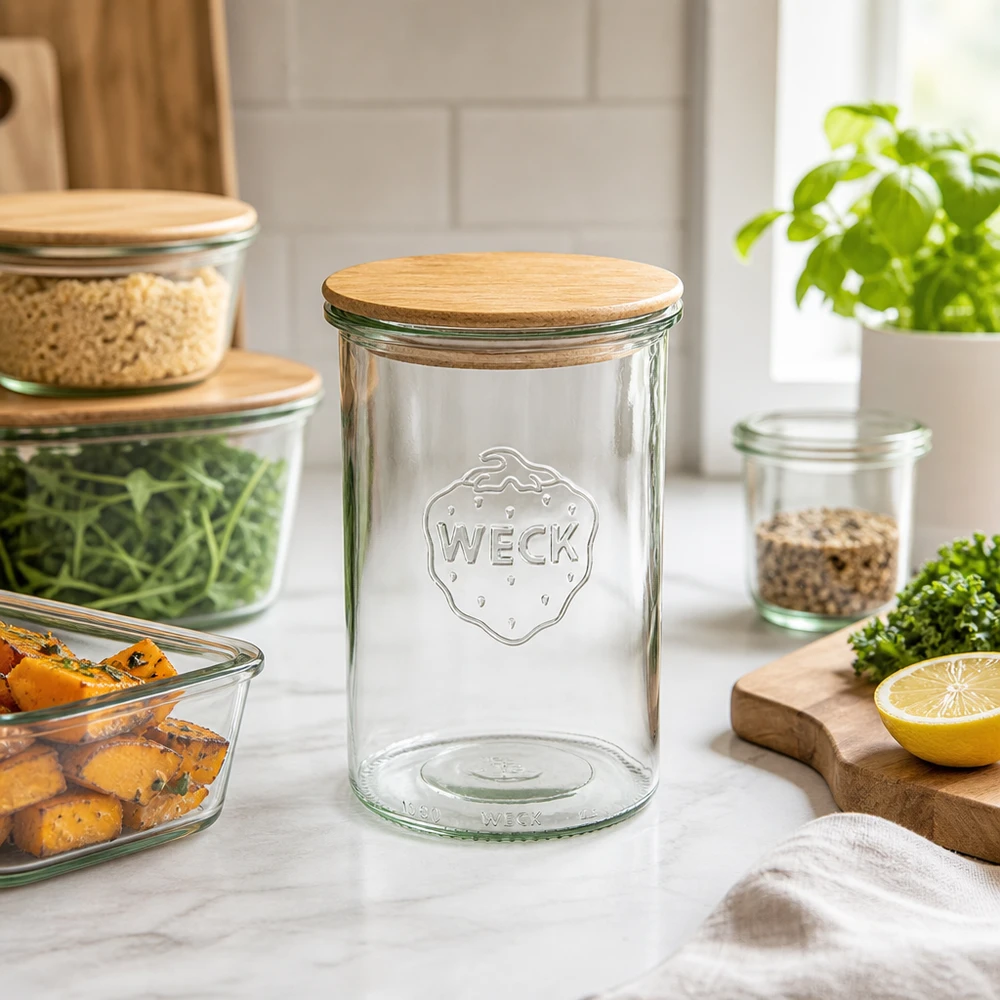 1000 ml Briller WECK RR100 med trælåg WECK glas 1000 ml RR100 tomme med trælåg i moderne køkkenscene med grøntsager og andre opbevaringskrukker