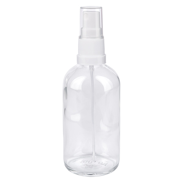 100 ml sprayflaske hvid/tr. STD ClearLine UT18/100 100 ml sprøjteflaske af klart glas med hvid forstøver, ClearLine-serien