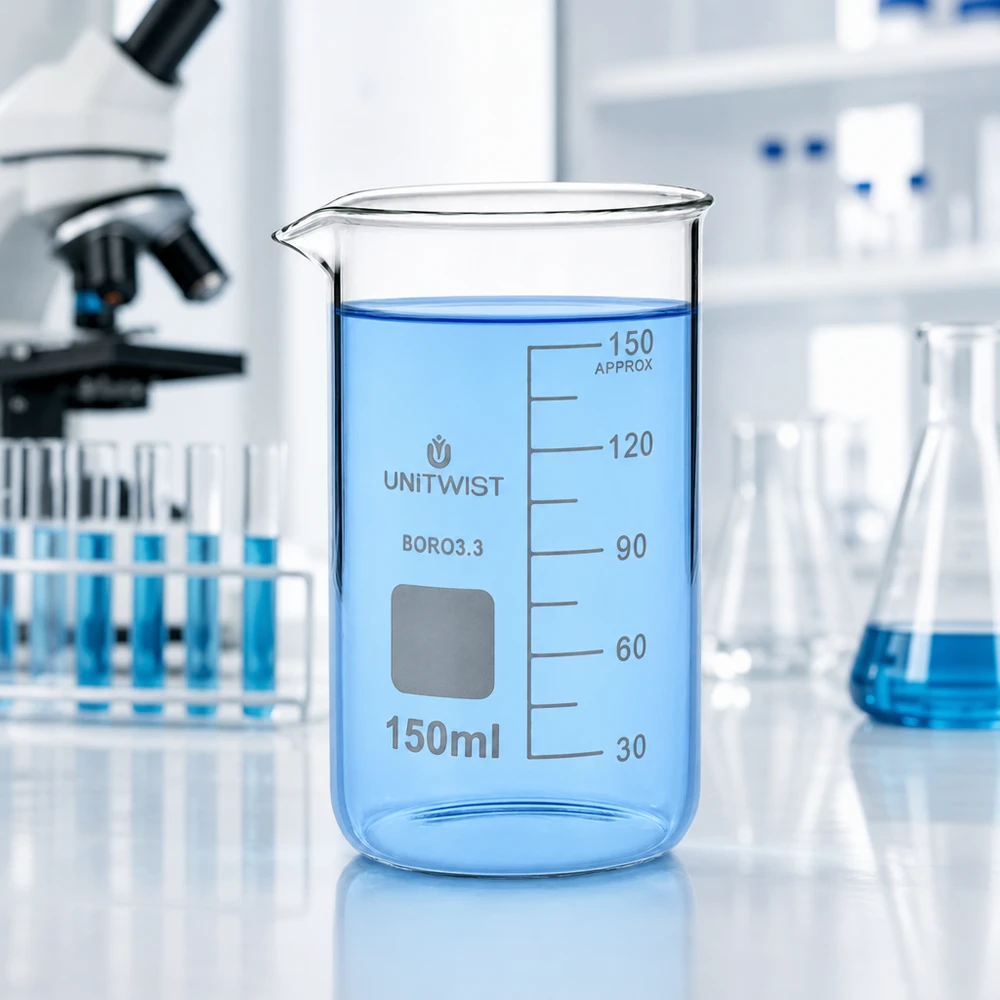 Bæger 150 ml borosilikat, høj form UNITWIST Laboratoriefoto: UNITWIST-bægerglas, 150 ml, høj model, borosilikatglas, fyldt med blå væske