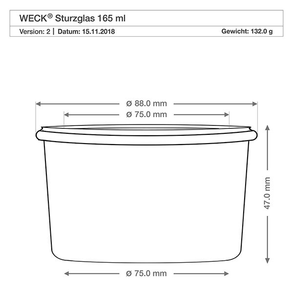 165 ml WECK RR80-glas med skrå kant Teknisk tegning 165 ml WECK-bægre RR80 med mål 88 mm diameter 47 mm højde 132 g vægt