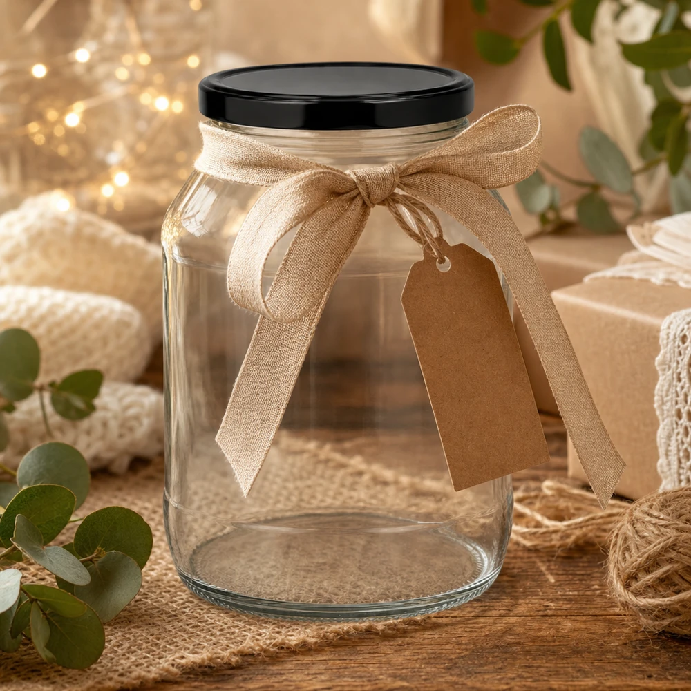 2650 ml rund krukke med BasicSeal-låg sort UNiTWIST Stor rund krukke på 2650 ml med sort låg som gave dekoreret med en beige sløjfe og vedhæng i en rustik atmosfære.