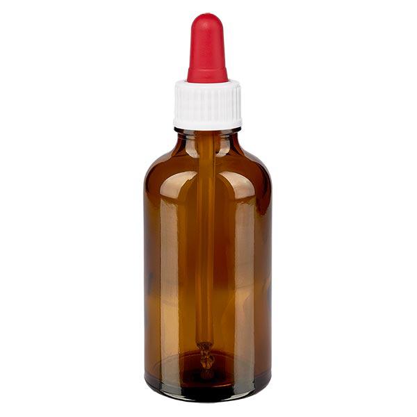 Apoteksflaske brun 50 ml pipette hvid/rød stk. Apoteksflaske brun 50 ml pipette hvid/rød stk.