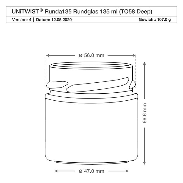 UNiTWIST Runda135 - Rund krukke med en kapacitet på 135 ml TO58deep UNiTWIST Runda135 rundt glas 135ml TO58 Dyb teknisk tegning med mål 56mm diameter 66,6mm højde