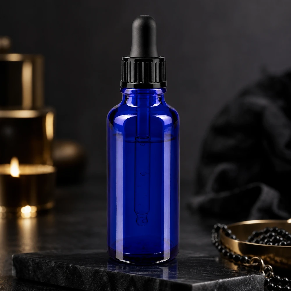 Blå glasflaske på 30 ml med sort dråbetæller, elegant præsenteret på mørk skifer