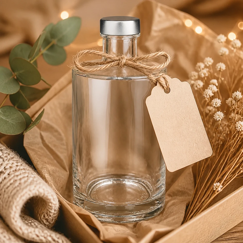 375 ml glasflaske »Sam« og skruelåg sølv UNiTWIST® 375ml Glasflasche Sam dekorativ inszeniert mit Bastschleife und Geschenkanhänger in gemütlichem Wohnambiente