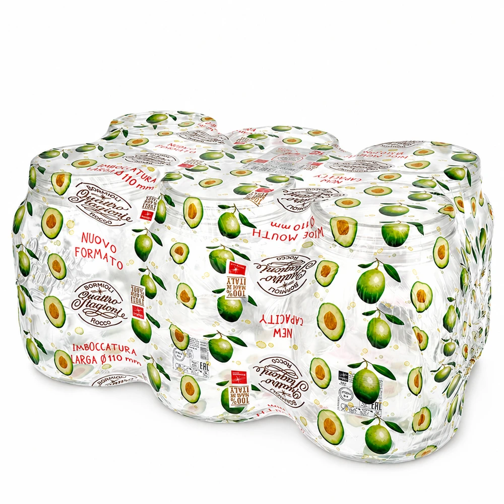 2000 ml husholdningsglas "Quattro Stagioni" Quattro Stagioni husholdningsglas 2000 ml med avocadodekoration Konservesglas til køkken og opbevaring
