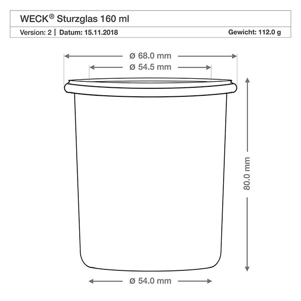 160 ml Briller WECK RR60 med kork natur WECK 160ml RR60 drikkeglas teknisk tegning med mål diameter 68mm højde 80mm vægt 112g