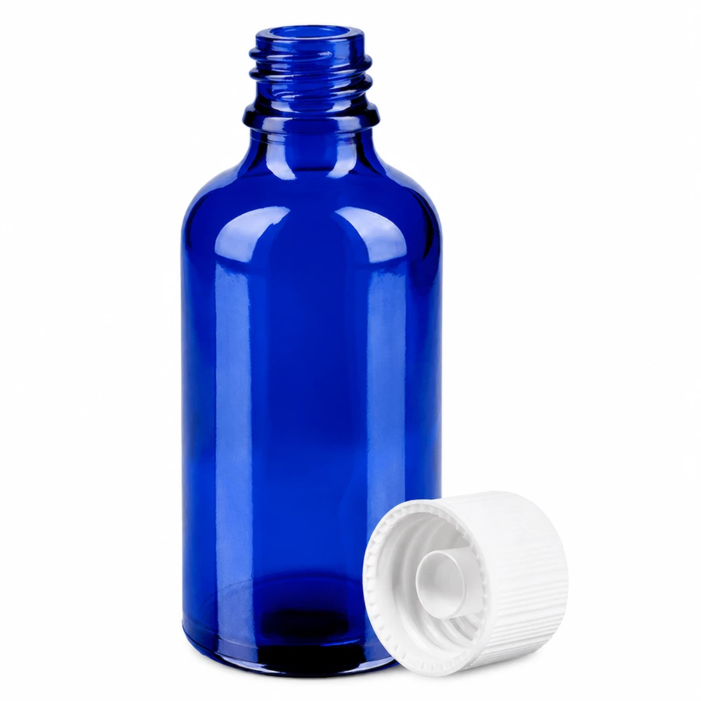 50 ml flaske 11 mm SV hvid STD BlueLine UT18/50 Lille 50 ml dråbeflaske blå med hvid hætte til æteriske olier og tinkturer