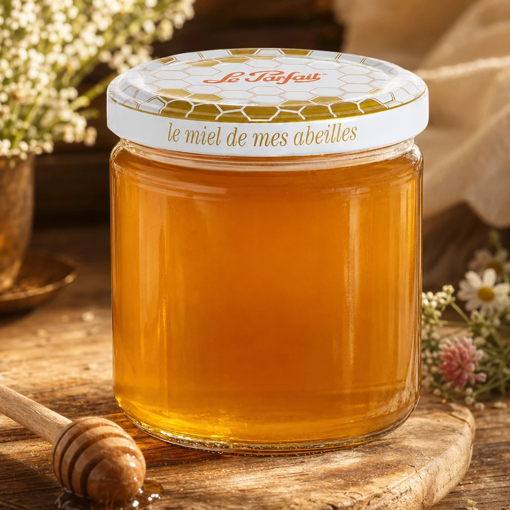 Le Parfait® honningglas 212 ml Ø63 mm Le Parfait Honey opbevaringsglas 212 ml fyldt med gylden honning på en træplade med honningske og blomster