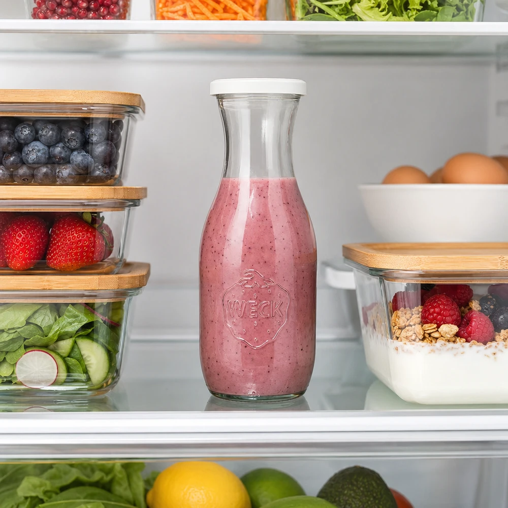 1062 ml saftflaske med friskhedslåg WECK RR60 WECK juiceflaske 1062 ml med bærsmoothie i køleskabet mellem friske fødevarer og opbevaringsbeholdere