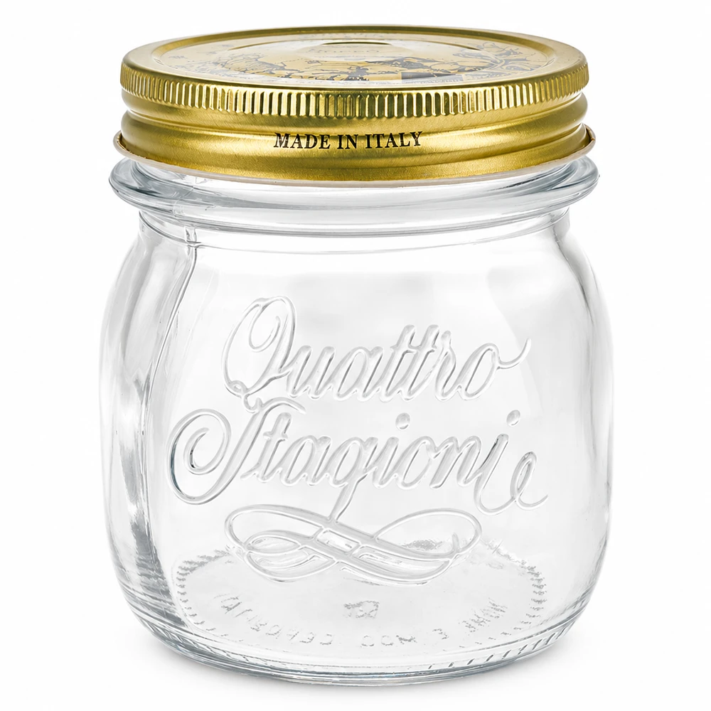 250 ml rundt glas "Quattro Stagioni" med låg 250 ml rund krukke Quattro Stagioni med guldlåg Made in Italy Konserverings- og opbevaringskrukke