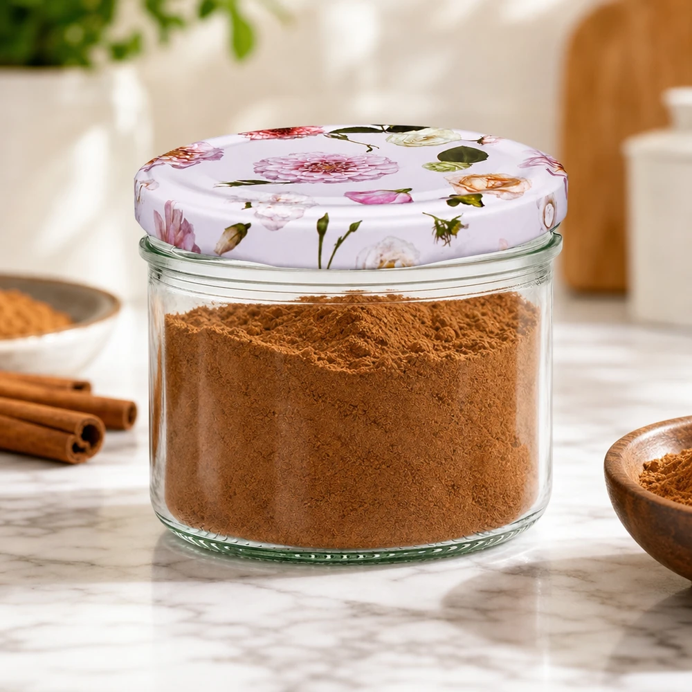 230 ml cylinderglas + BasicSeal låg Blume rosa Opbevaringskrukke 230 ml med pink blomsterlåg fyldt med kanel - krydderiopbevaring i køkkenet med kanelstænger