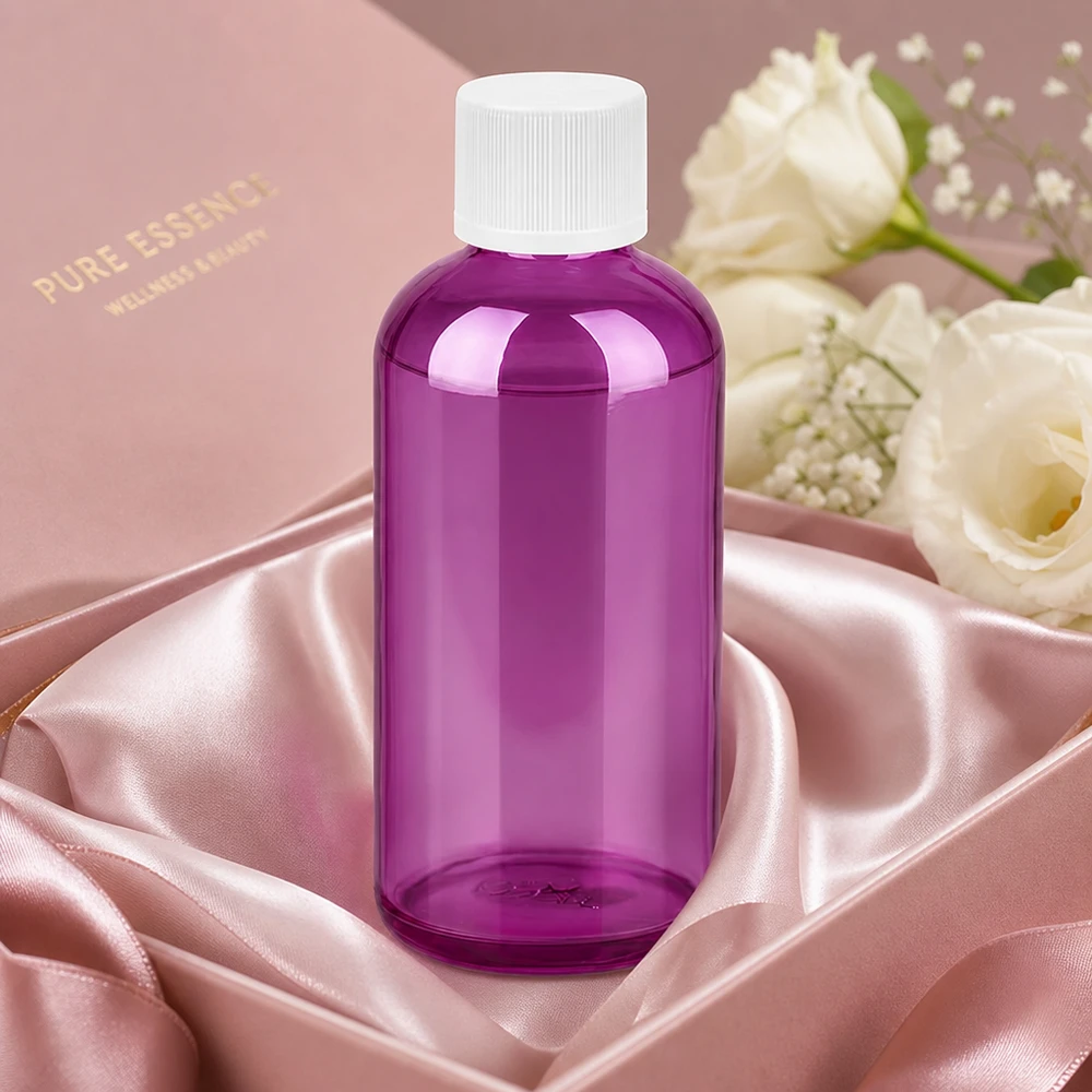 100 ml flaske 11 mm skruelåg hvid standard børnesikret PurpleLine. UT18/100 100 ml plastflaske med glat overflade i violet transparent og hvidt skruelåg