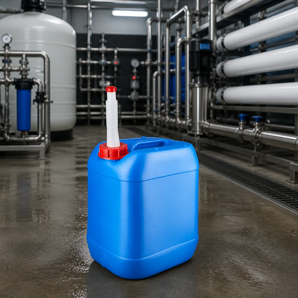 Stabelbar 20-liters dunk af HDPE, blå, med udløbsrør til vandrensningsanlæg