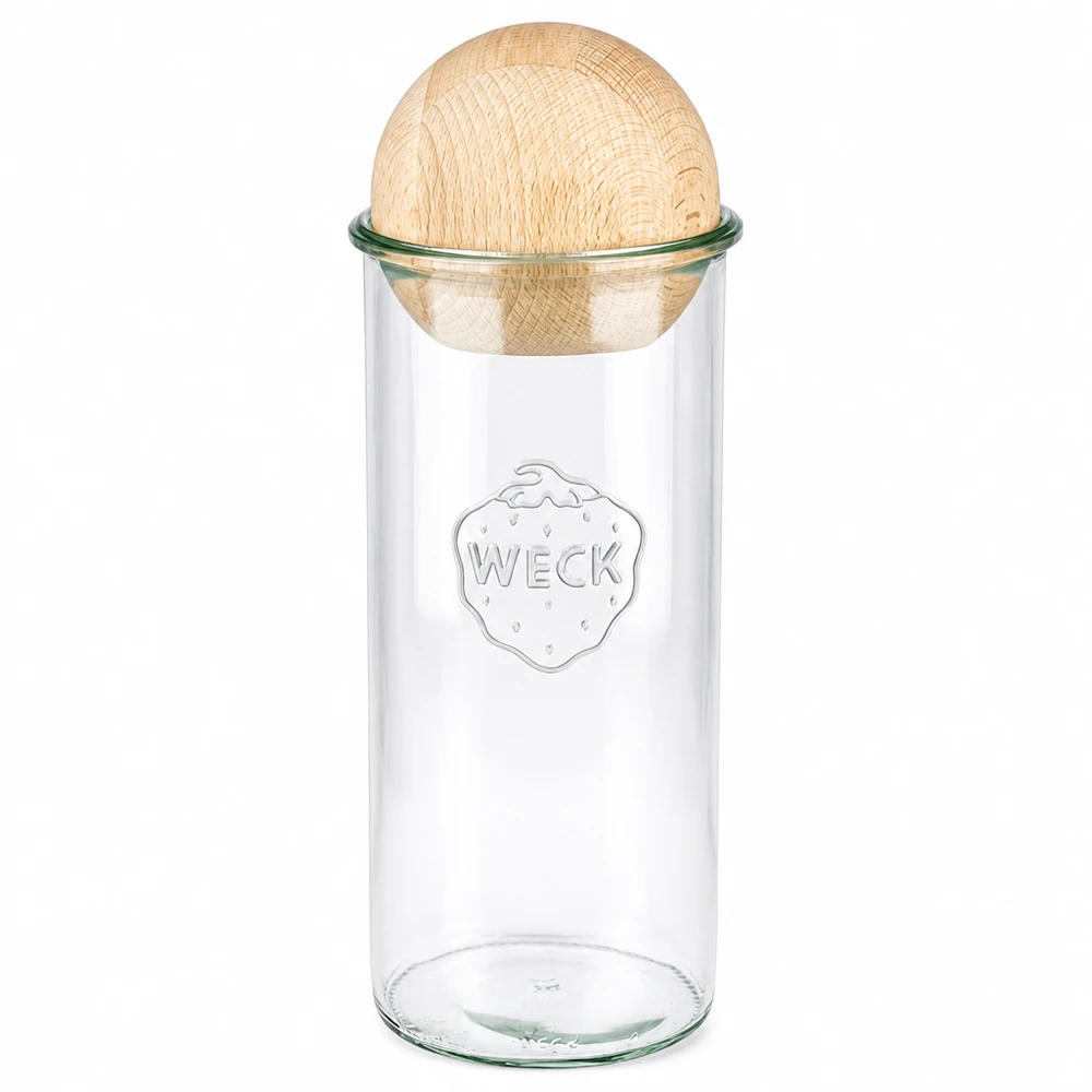 1500 ml Briller WECK RR100 med trækugle bøg WECK RR100 drikkeglas 1500 ml med kuglelåg af bøgetræ, gennemsigtig opbevaringskrukke til køkkenet