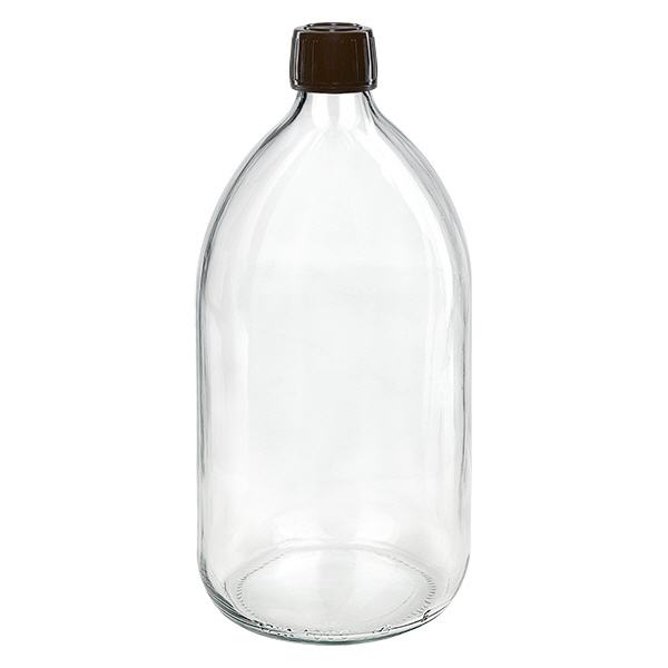 1000 ml medicinflaske klar, hætte brun med tyverisikring ApoGlas. Farmaceutisk kvalitet fra EU-produktion. 28 mm (PP28) gevind. (sirup, lys glasflaske) 1000 ml medicinflaske klar, hætte brun med tyverisikring ApoGlas. Farmaceutisk kvalitet fra EU-produktion. 28 mm (PP28) gevind. (sirup, lys glasflaske)