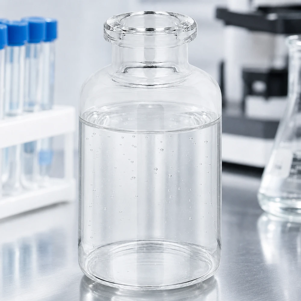 Injektionsflaske i klart glas 20 ml Glasbehälter 20ml für Injektionspräparate mit Mikroskop und Reagenzgläsern im Hintergrund