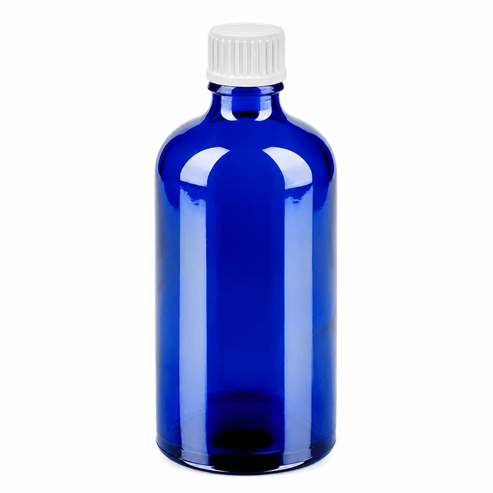 100 ml dråbeflaske 0,9 mm hvid STD BlueLine UT18/100 100 ml blå glasflaske med hvid 0,9 mm dråbehætte til præcis dosering BlueLine