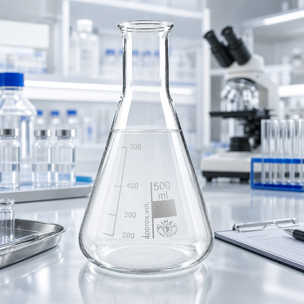 Erlenmeyer-kolbe 500 ml med smal hals Smalhalset Erlenmeyer-kolbe 500 ml af varmebestandigt glas til kemiske eksperimenter