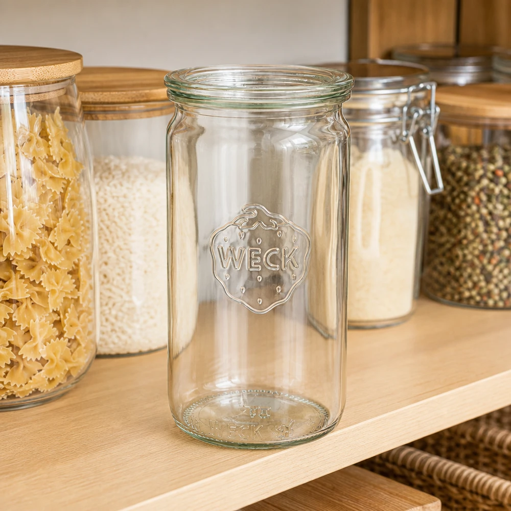 340 ml cylinderglas med glaslåg WECK RR60 WECK cylinderkrukke 340 ml RR60 tom på hylden ved siden af krukker fyldt med pasta og krydderier Køkkenorganisation