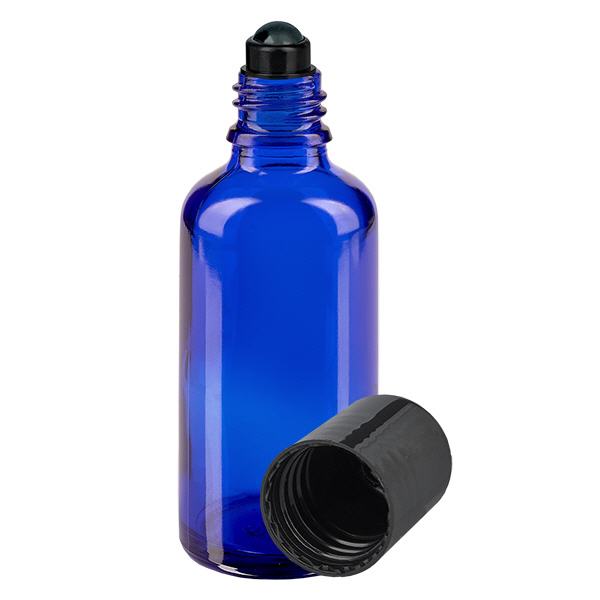 Apoteksflaske blå 50 ml roll-on-hætte sort Apoteksflaske blå 50 ml roll-on-hætte sort