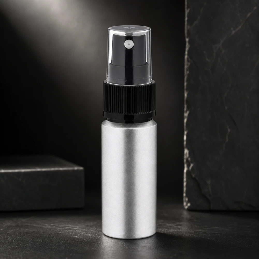 20 ml farvet aluminiumsflaske med forstøver Elegant 20 ml aluminiumssprayflaske i bejdset look med gennemsigtig beskyttelseshætte