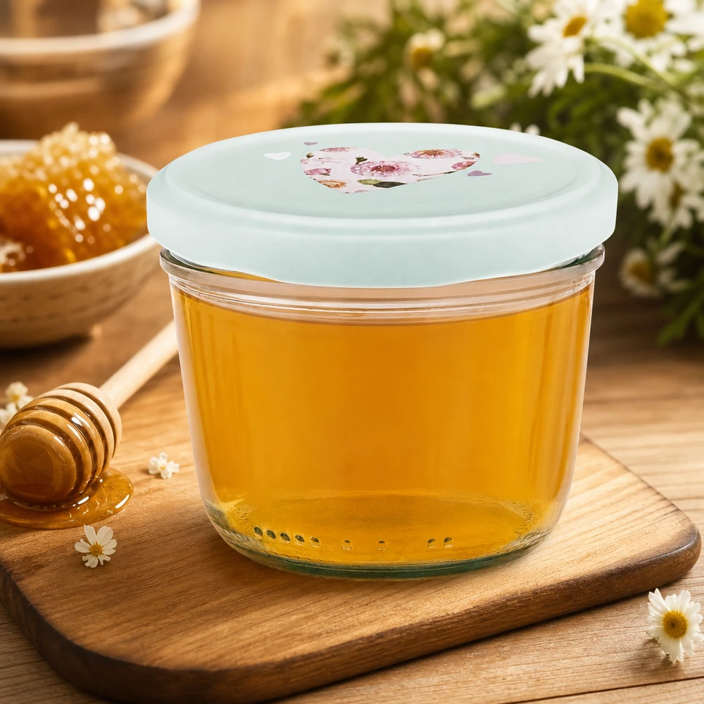 230 ml glas med skrå kant + BasicSeal låg, hjerteformet, mint UNiTWIST Honning i 230 ml krukke med BasicSeal-låg hjerte mynte, honningkrukke på træplade med honningske og blomster