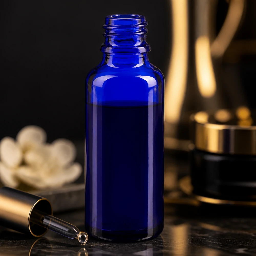 Elegant 30 ml apotekerflaske fra ApoGlas i koboltblå uden låg på en mørk marmoroverflade