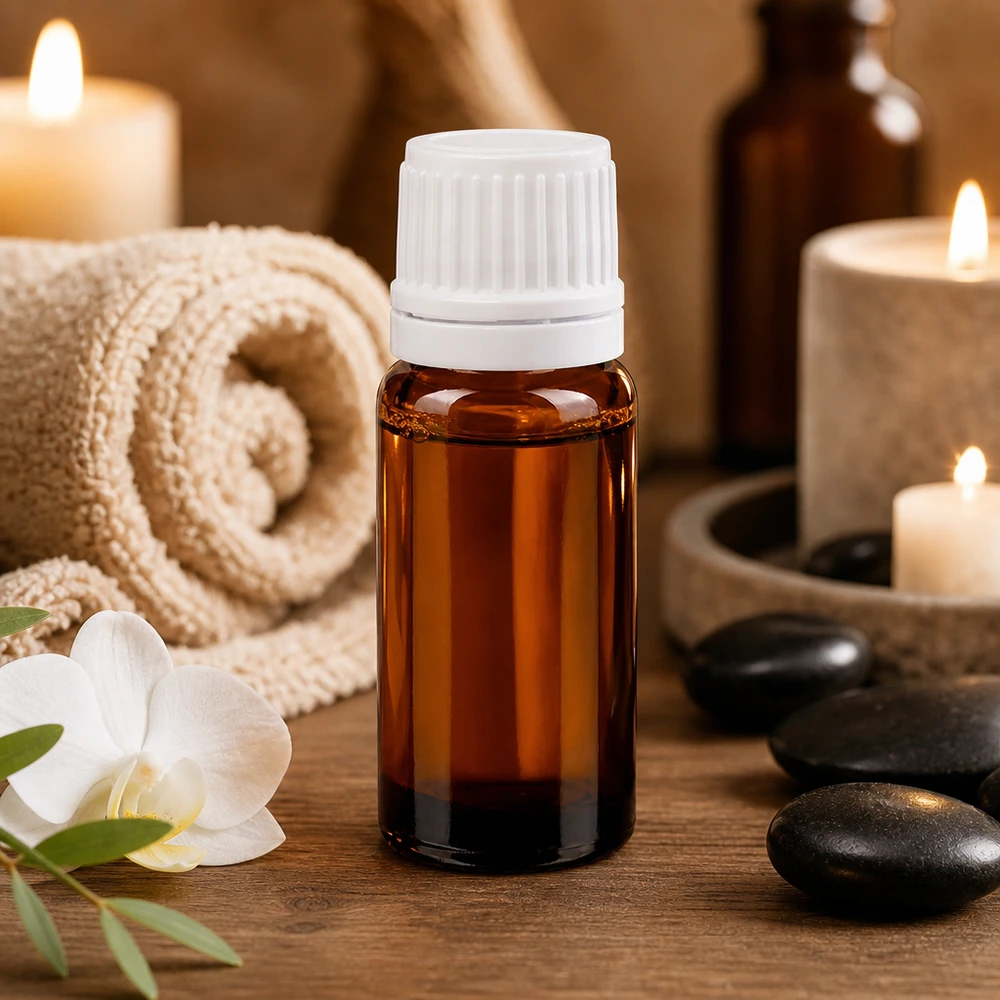 Brun glasflaske med dråbetæller, 10 ml, med hvid skruelåg til massageolier og wellness