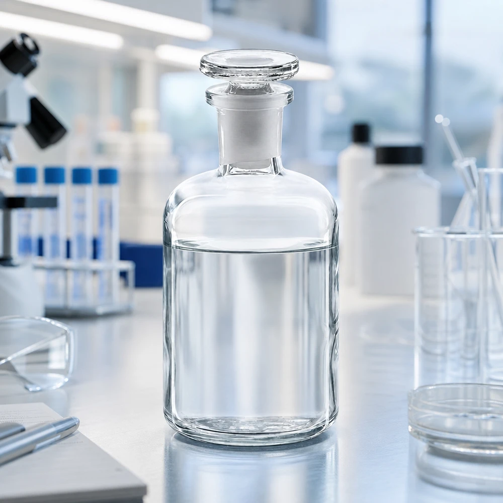 Rund skulderflaske 100 ml klar glasprop med smal hals Tom klarglasflaske, 100 ml, med smal hals og glasprop i et moderne laboratorium