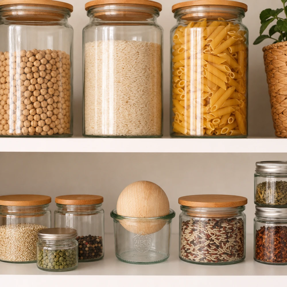 80 ml Briller WECK RR60 med trækugle bøg WECK 80 ml RR60-bægre med trækugle i et organiseret spisekammer mellem pasta, ris og krydderier
