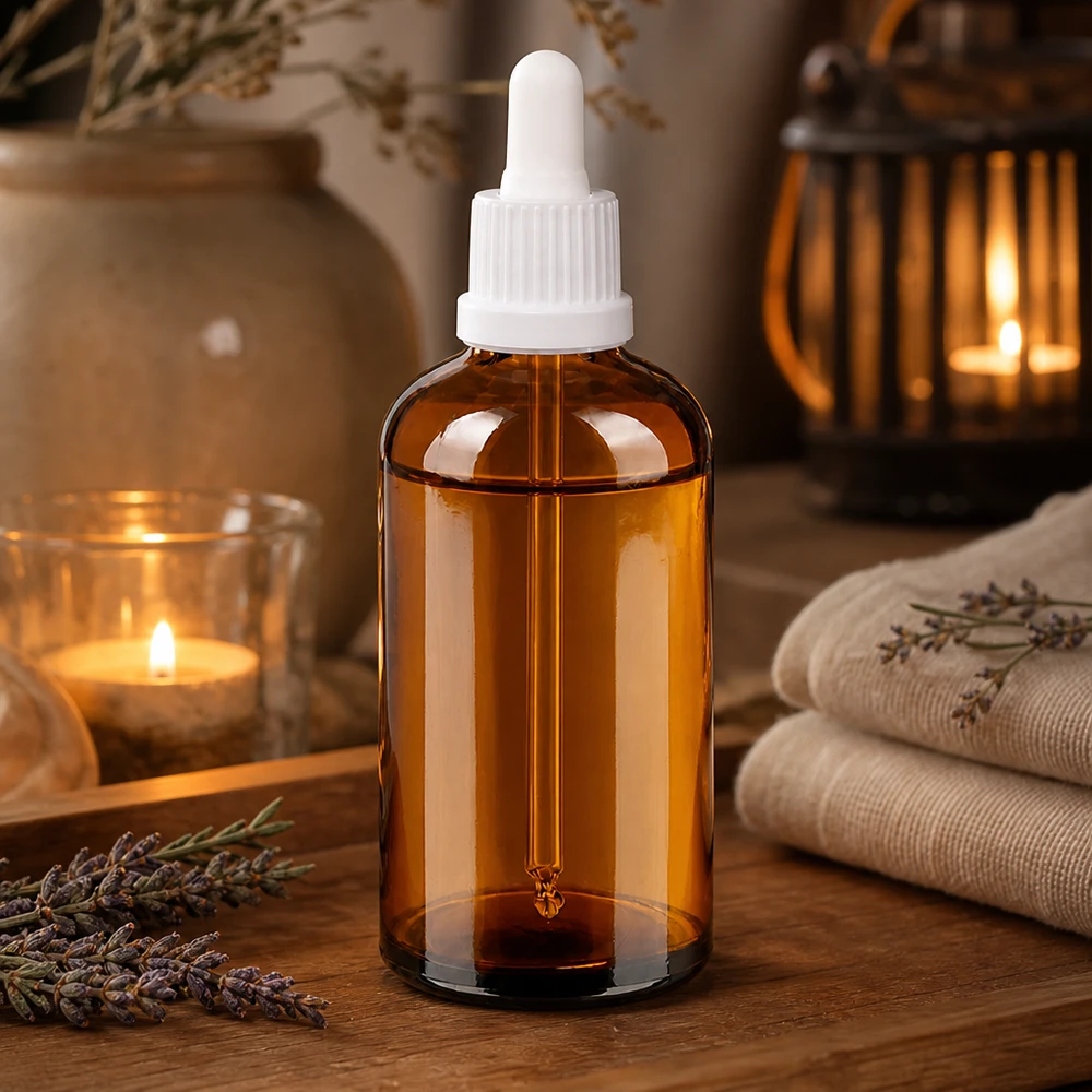 100 ml pipetteflaske hvid OV BrownLine UT18/100 100 ml apotekerflaske i ravfarvet glas med pipette til aromaterapi