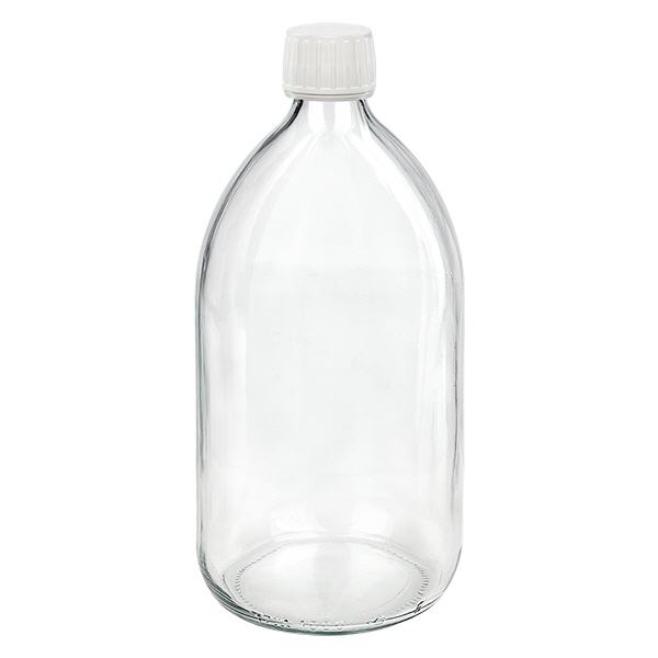 1000 ml medicinflaske klar, hvid hætte med tyverisikring ApoGlas. Farmaceutisk kvalitet fra EU-produktion. 28 mm (PP28) gevind. (sirup, let glasflaske) 1000 ml medicinflaske klar, hvid hætte med tyverisikring ApoGlas. Farmaceutisk kvalitet fra EU-produktion. 28 mm (PP28) gevind. (sirup, let glasflaske)