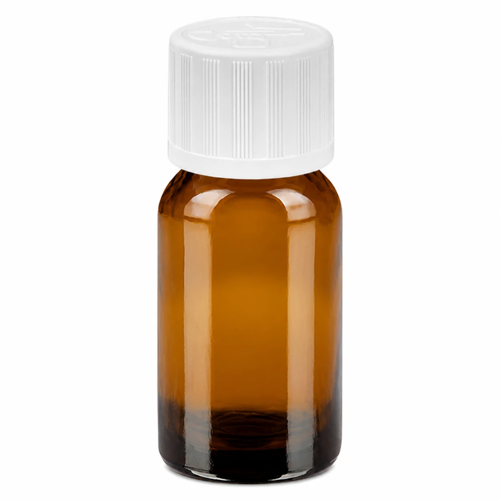 10 ml flaske 11 mm SV m. STD KiSi BrownLine UT18/10 10 ml ravfarvet glasflaske med hvidt skruelåg til laboratoriebrug og medicinering