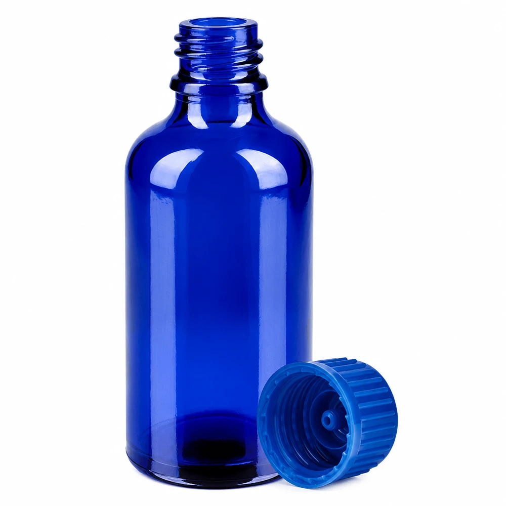 50 ml flaske 11 mm SV blå STD BlueLine UT18/50 Blå 50 ml glasflaske med 11 mm gevind og matchende skruelåg til sikker opbevaring