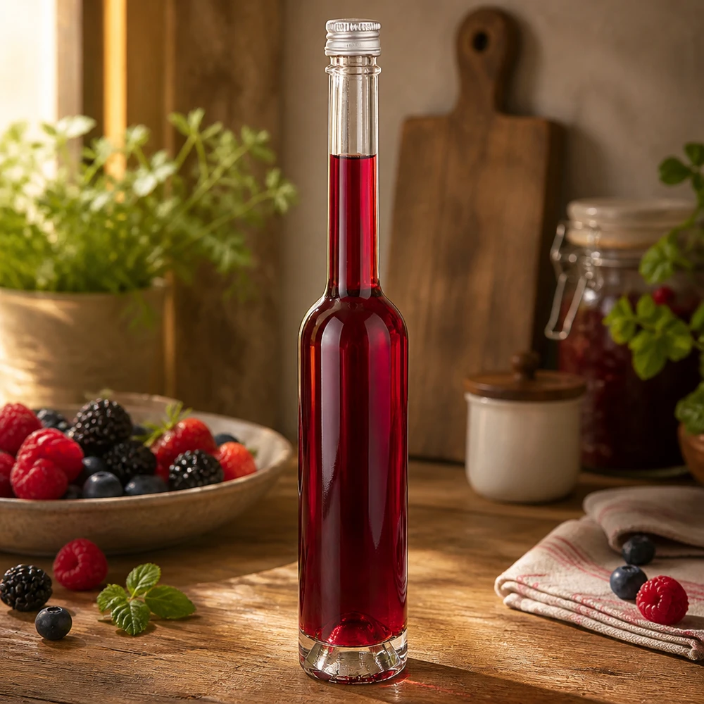 100 ml glasflaske Toni uden skruelåg UNiTWIST® 100 ml Toni-glasflaske med sølvskruelåg - ideel til røde bærlikører og frugtekstrakter