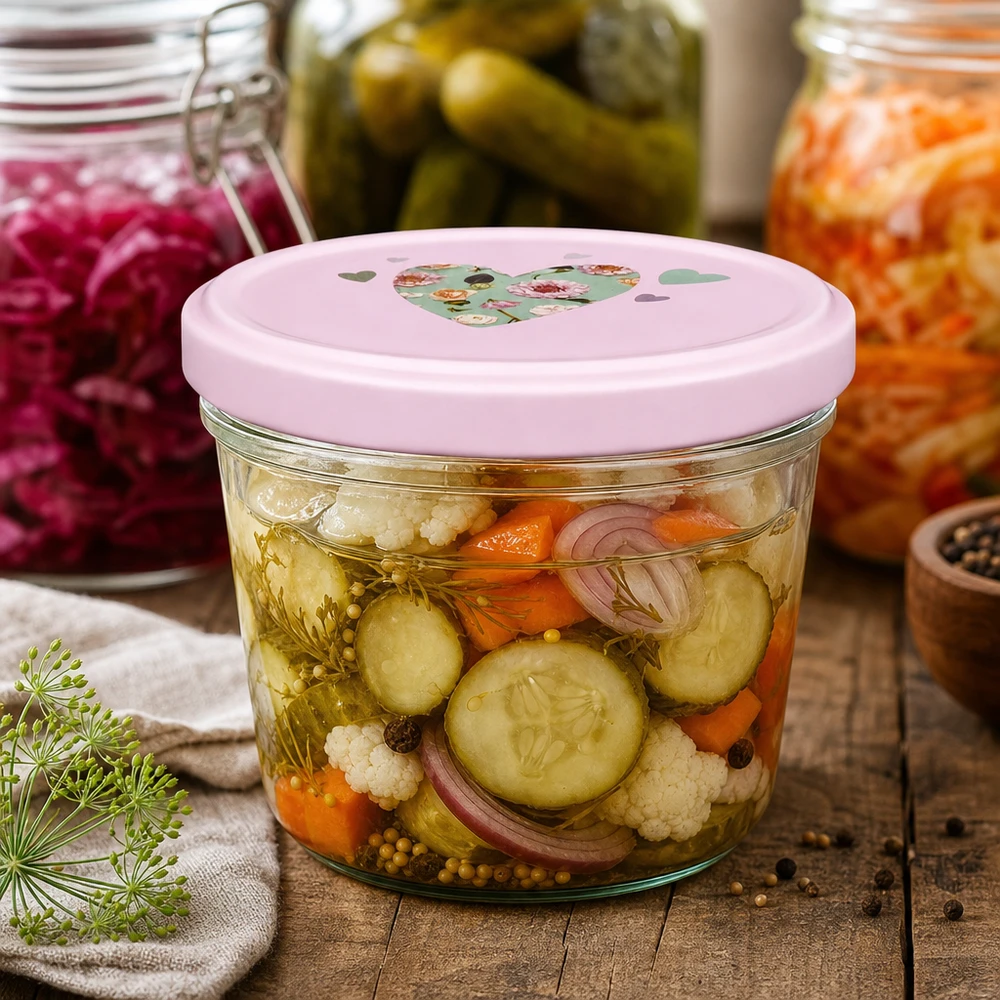 230 ml væltet glas + BasicSeal låg hjerte rosa UNiTWIST Sturzglas 230ml mit rosa Herz-Deckel für eingelegtes Gemüse Mixed Pickles Gurken Karotten Blumenkohl fermentieren