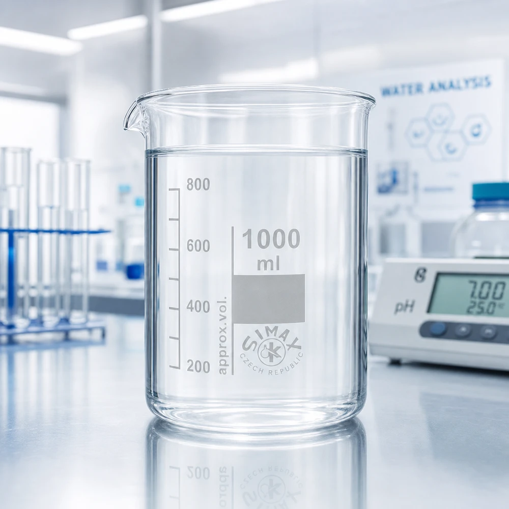 Bægerglas 1000 ml borosilikatglas, lav form 1000 ml bægerglas af borosilikatglas med lav form og hældelæbe til nem dekantering