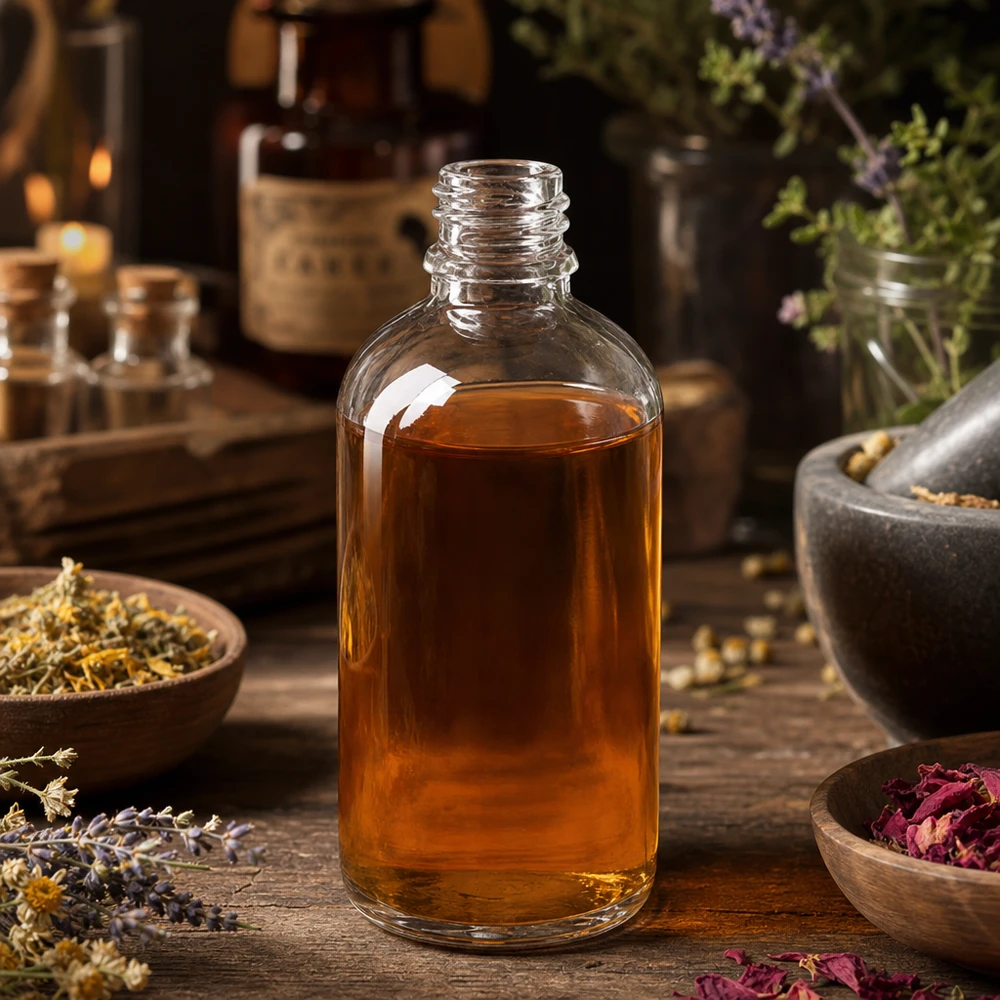 100 ml Apoteksflaske ClearLine DIN18 UNiTWIST Gennemsigtig glasflaske på 100 ml med ravfarvet indhold omgivet af tørrede blomster og Morser