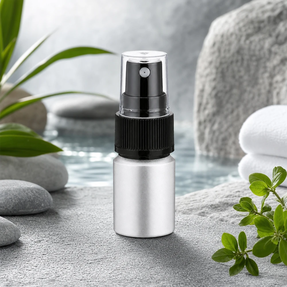 10 ml farvet aluminiumsflaske med forstøver Kompakt 10 ml aluminiumsflaske med sort forstøver, ideel til rejser og håndtasken