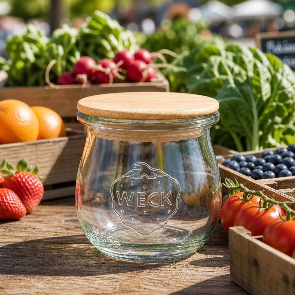 75 ml tulipankrukke WECK RR40 med trælåg WECK Tulpenglas 75ml mit Holzdeckel zwischen frischen Marktgemüse und Obst stilvolle Küchendeko Vorratsglas